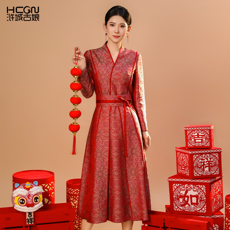 国风提花V领连衣裙优雅气质百搭