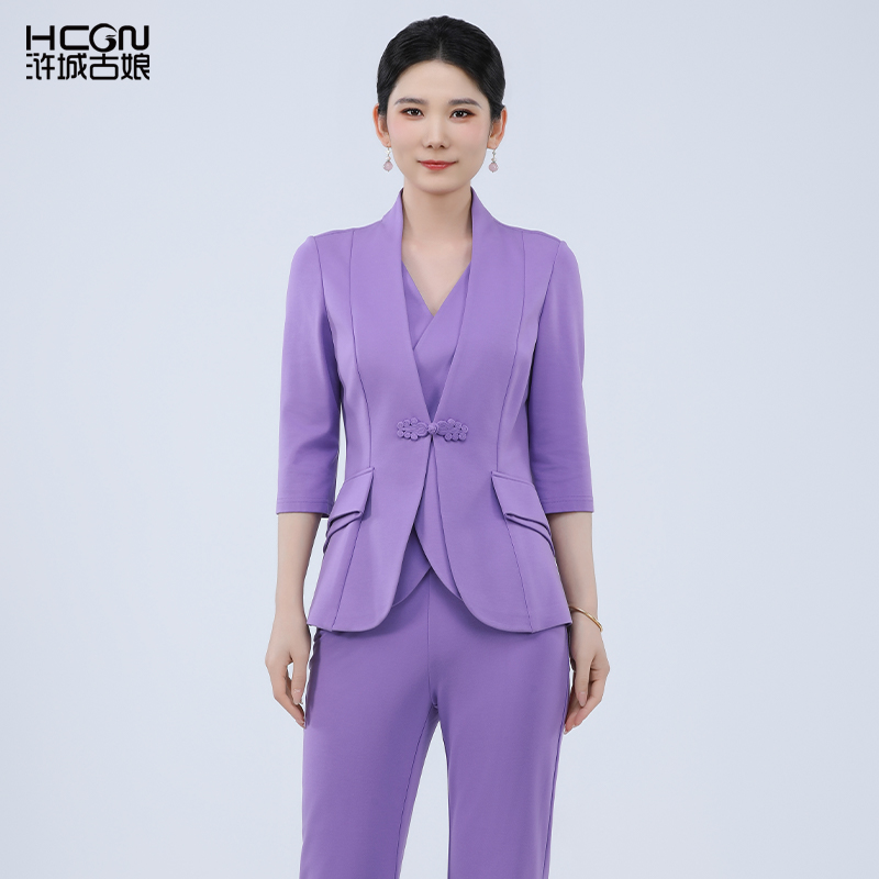 浒城古娘新款时尚气质商务职业短袖西服裤子新中式国风套装女春夏