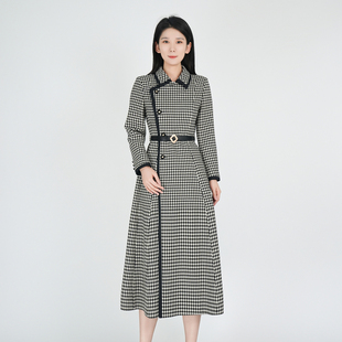 国风连衣裙女春秋 新中式 浒城古娘新款 千鸟格气质优雅翻领中长款