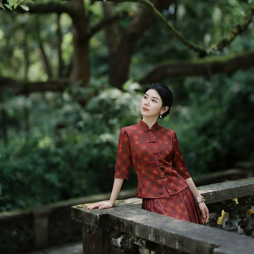 浒城古娘新款桑蚕丝印花立领盘扣复古短袖新中式国风套装女夏季