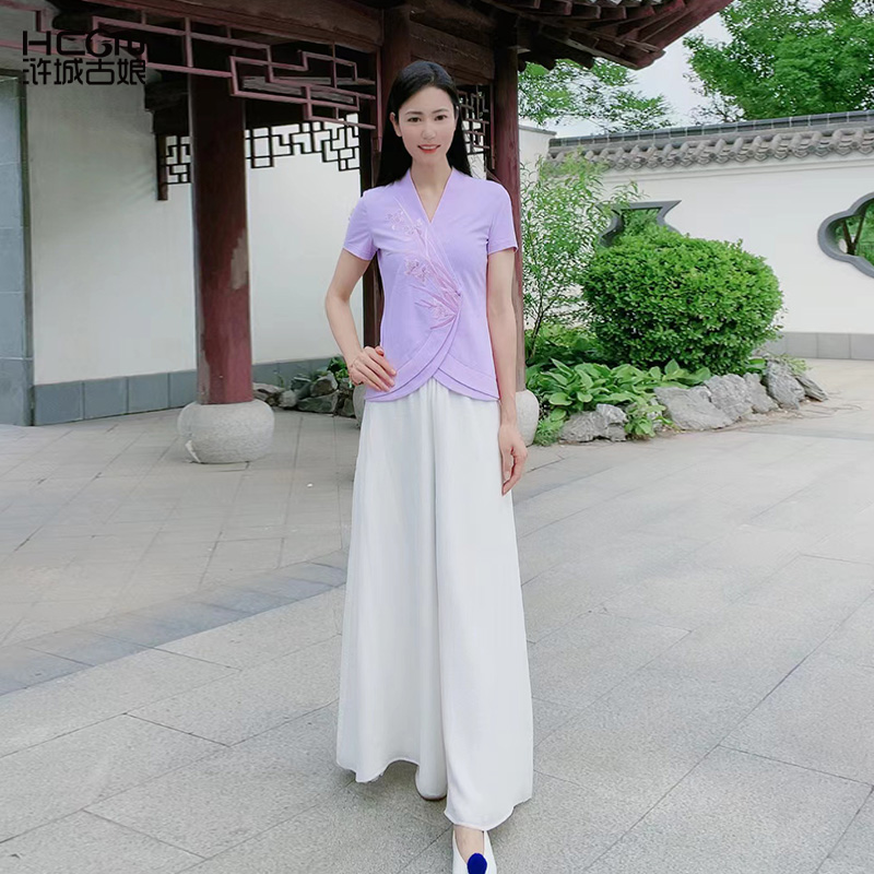 夏季女士玉兰刺绣修身V领短袖T恤上衣文艺上衣夏款女薄款民族风