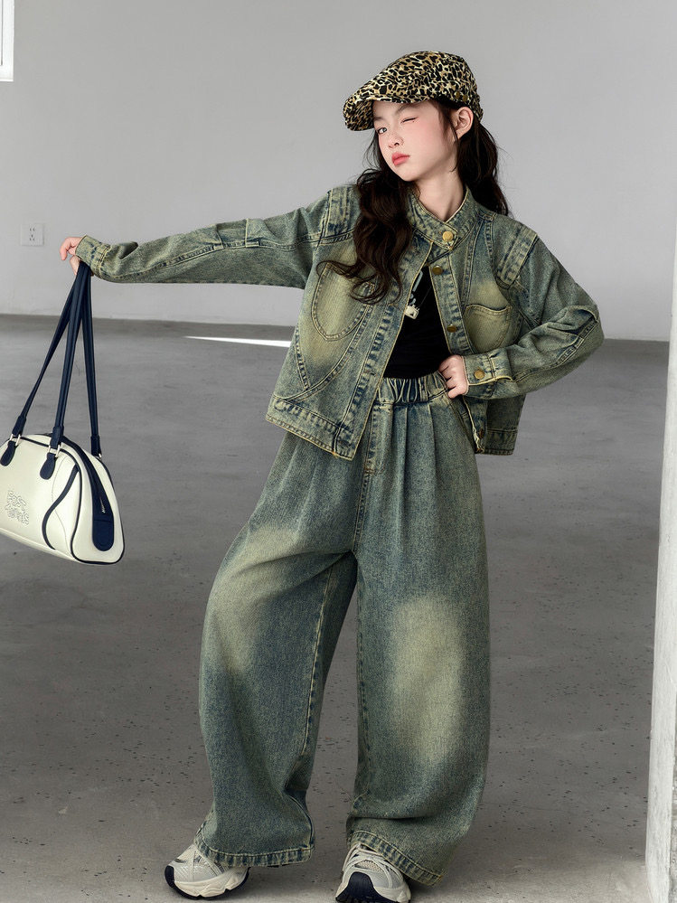 女童牛仔套装春秋2026新款儿童女大童洋气时髦春装牛仔外套两件套