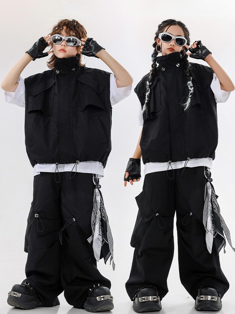 儿童街舞潮服夏天男童嘻哈黑色马甲套装少儿hiphop酷帅女童演出服
