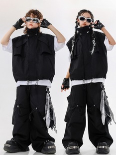 儿童街舞潮服夏天男童嘻哈黑色马甲套装少儿hiphop酷帅女童演出服