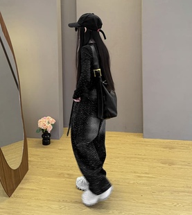 女童2025新款闪钻加绒韩版时尚百搭上衣阔腿牛仔加绒裤两件套潮酷