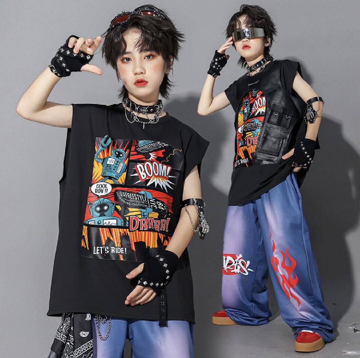 儿童街舞潮服男童涂鸦背心表演服装嘻哈套装女童hiphop童装演出服