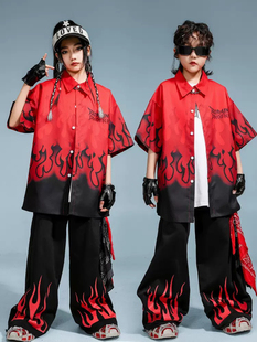 街舞儿童潮服嘻哈短袖黑红演出服男童套装hiphop女童酷帅表演服夏
