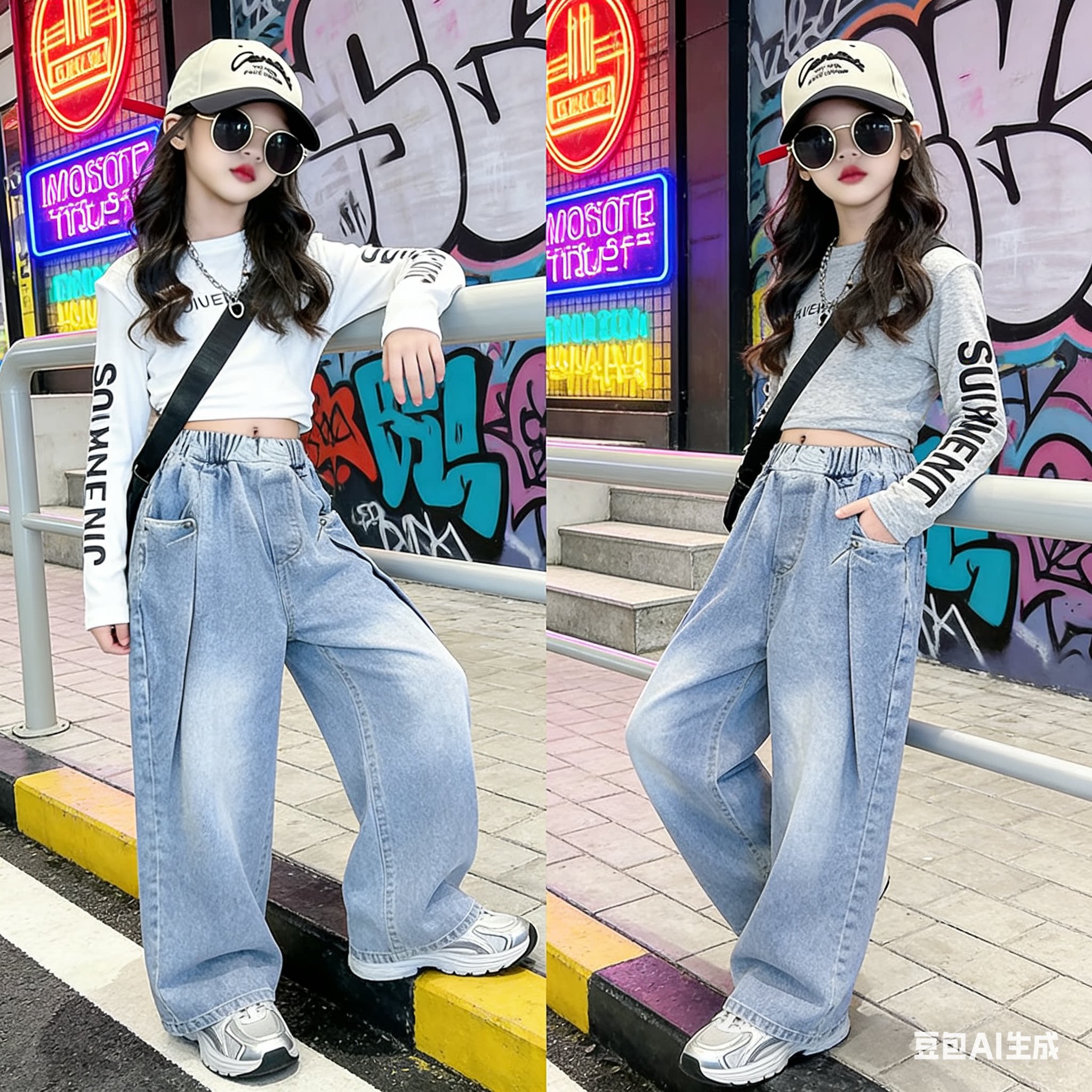 女童长袖t恤洋气时尚修身短款中大童打底衫儿童体恤上衣街舞潮酷