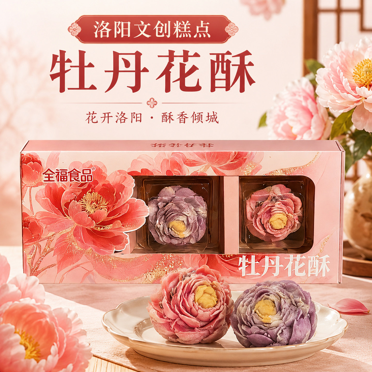 洛阳特产牡丹花酥全福食品河南新中式旅游文创糕点心伴手礼品送人