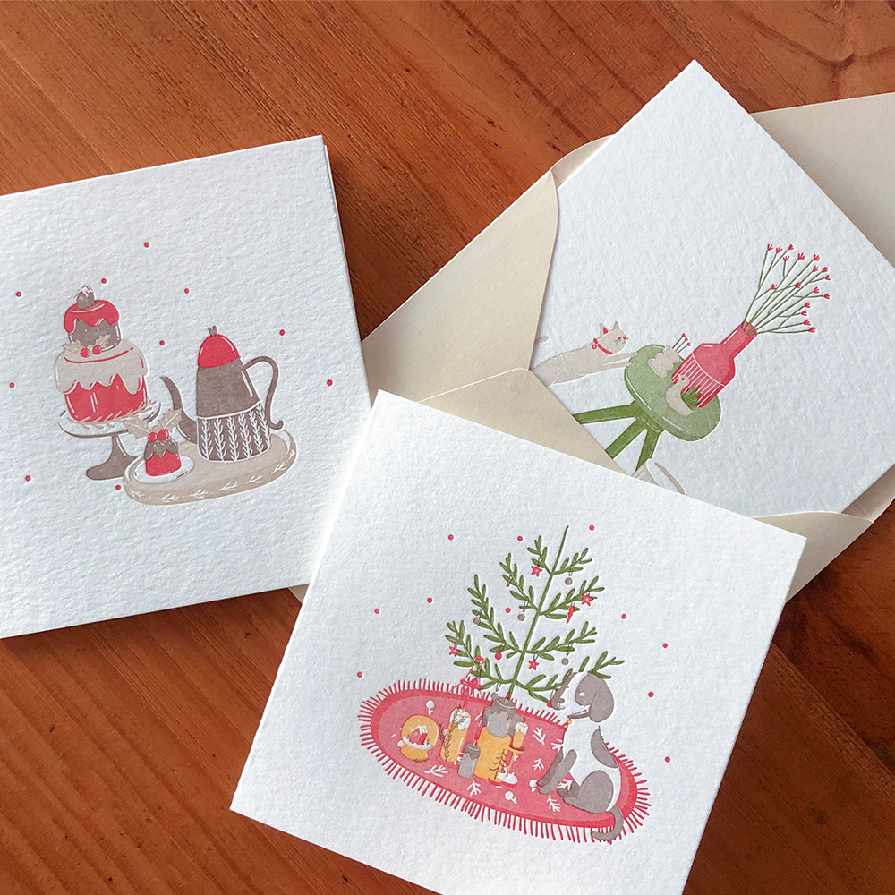 圣诞新年生日通用祝福猫狗原创插画精致折叠小贺卡进口棉纸含内页