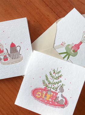 圣诞新年生日通用祝福猫狗原创插画精致折叠小贺卡进口棉纸含内页