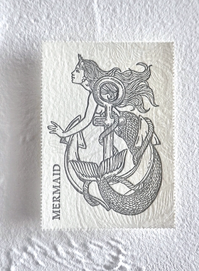 手绘美人鱼复古欧式藏书票套装活版印刷版画风格手机壳装饰卡片