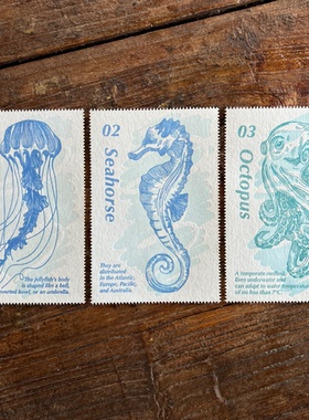 海洋软体动物水母海马章鱼活版印刷创意插画大张藏书票可做装饰画