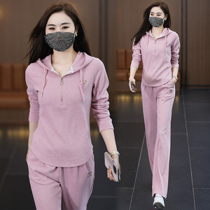 休闲运动套装女2024春秋新款时尚宽松显瘦连帽洋气直筒裤两件套潮