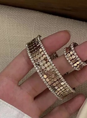 中古咖金闪闪鱼鳞手链戒指女轻奢高级感ins小众个性精致百搭手饰