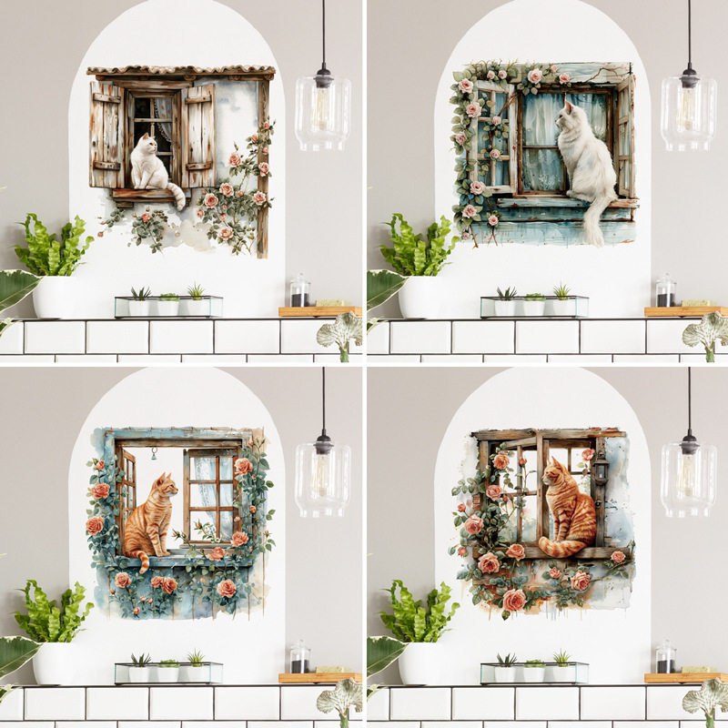 窗台猫咪墙贴画客厅沙发背景墙面装饰贴纸儿童房玫瑰花朵假窗贴花