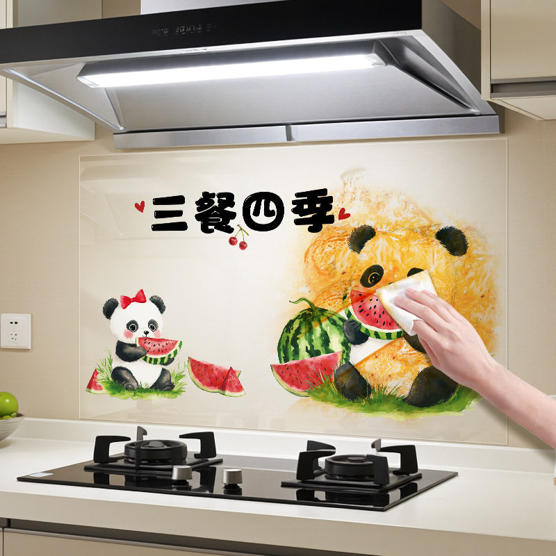 厨房防油防水静电贴纸耐高温灶台油烟贴可爱熊猫印花瓷砖贴可定制