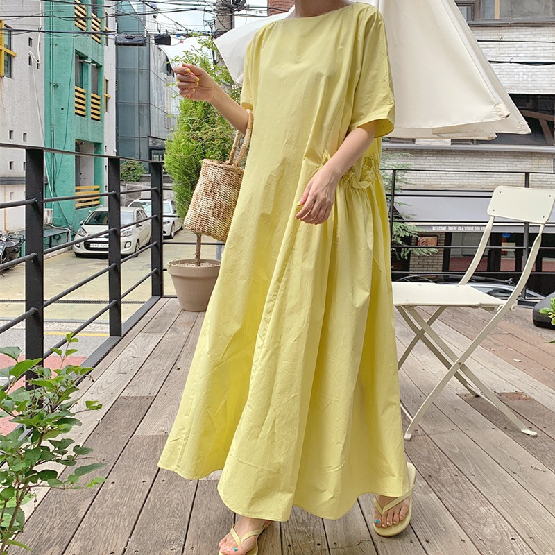 夏装新款韩版宽松显瘦短袖黄色大连衣裙