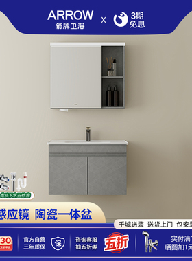 箭牌洗手盆陶瓷一体盆无缝盆灰色智能镜卫生间浴室柜洗漱台洗脸盆