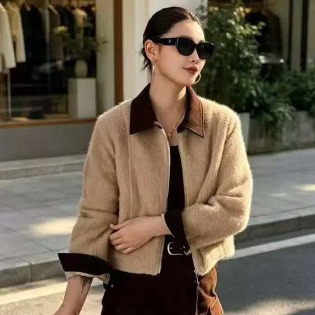 复古拼接皮毛毛短外套女显瘦