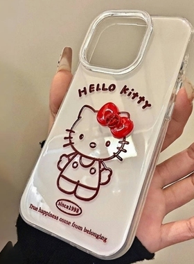 大孔亮面白色线条凯蒂猫蝴蝶结适用K70/K80小米17/15Ultra/14手机壳TURBO4/K60红米K50/Note13/civi3女12PRO