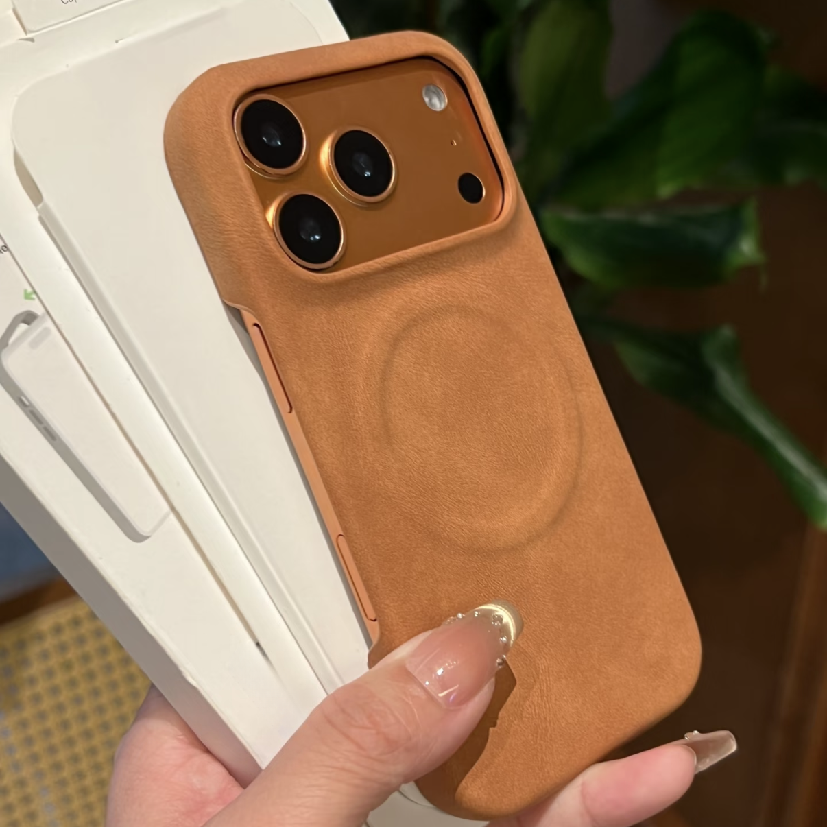 皮纹高级感卡其棕商务男磁吸壳Find X9/X8S+适用OPPO Reno15/14PRO手机壳X7Ultra羊巴皮X6硬半包肤感高档简约