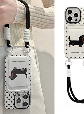 黑色波点腊肠狗卡包适用MAGIC6华为荣耀200/100手机壳90/80腕带挂绳70PRO小众X50I挂孔环40/30畅玩60PLUS女5