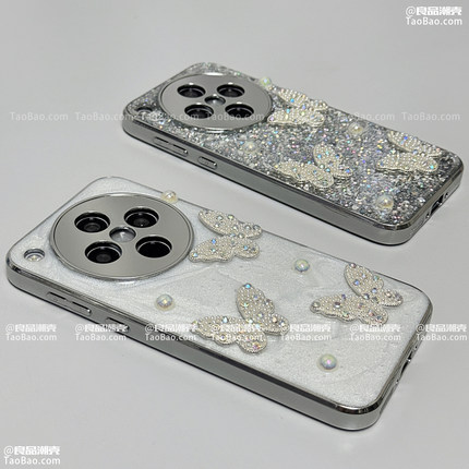 闪粉蝴蝶珍珠电镀银色滴胶Find X8适用OPPO Reno13/7/6手机壳10PRO+网红9/A3高级感K12防摔A58X全包1奢华5女2