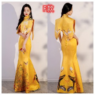 实拍走秀演出服长款鱼尾中国风时尚舞台迎宾表演复古主持礼服涤纶