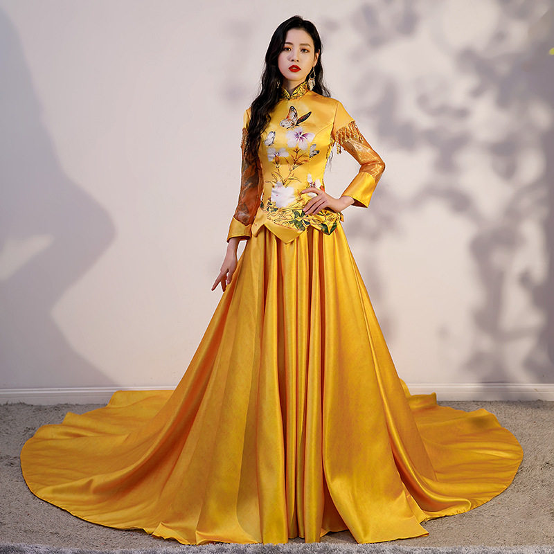 hot古典创意百蝶图优雅拖尾长款宴会晚礼服古风合唱舞台毕业走秀