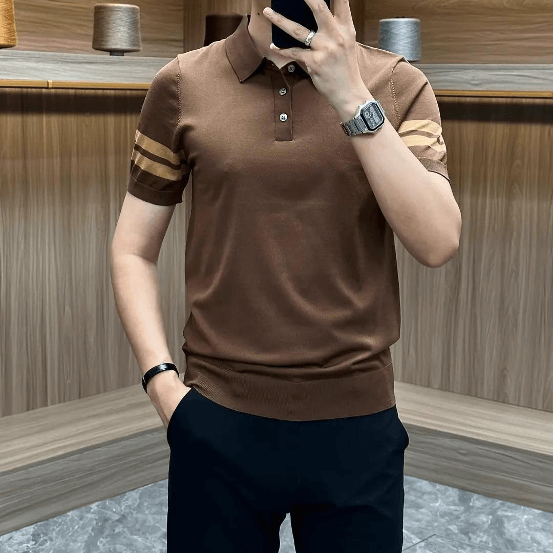 商务休闲针织POLO衫男2025夏季新款修身翻领条纹透气弹力百搭短袖
