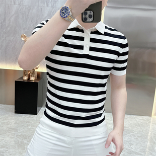 欧货男装短袖t恤冰丝夏季时尚休闲条纹半袖polo针织港风百搭修身t
