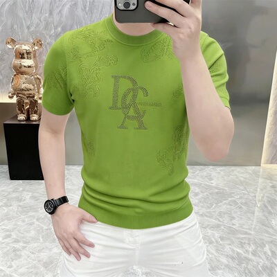 2026简欧轻奢男士针织冰丝短袖T恤烫钻时尚百搭夏季半袖上衣2689