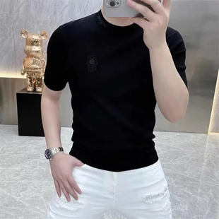 2025欧货轻奢男士针织冰丝短袖T恤烫钻时尚百搭夏季半袖上衣圆领