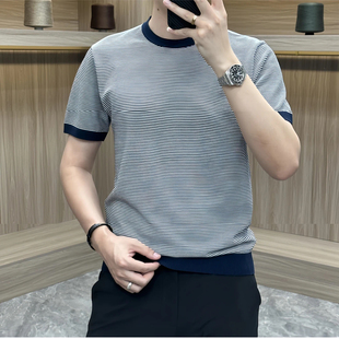 2025欧货轻奢男士针织冰丝短袖T恤烫钻时尚百搭夏季半袖上衣圆领