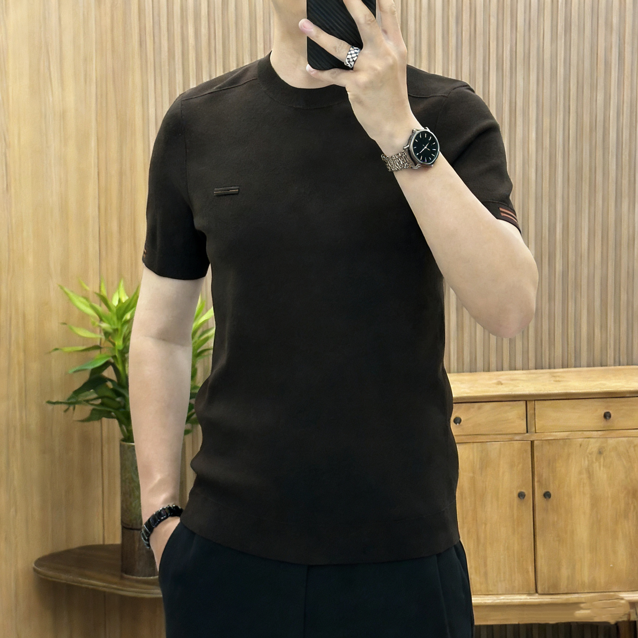 1828 2026简欧轻奢男士针织冰丝短袖T恤烫钻时尚百搭夏秋半袖上衣