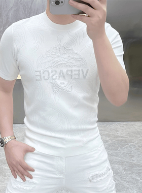 2025欧货轻奢男士针织冰丝短袖T恤印花时尚百搭夏季半袖上衣25235