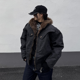 cemoliqiu美式 高级感座山雕棉服 复古做旧洗水短宽连帽外套男冬季