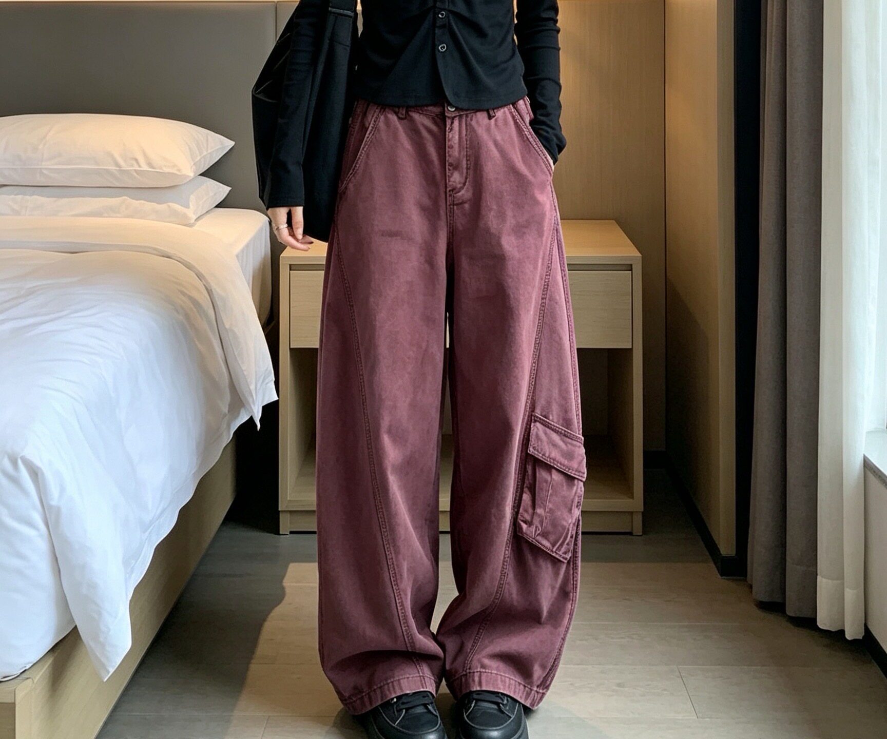 UaUB新款女装高腰显瘦工装裤女宽松休闲百搭长裤阔腿裤酒红女裤