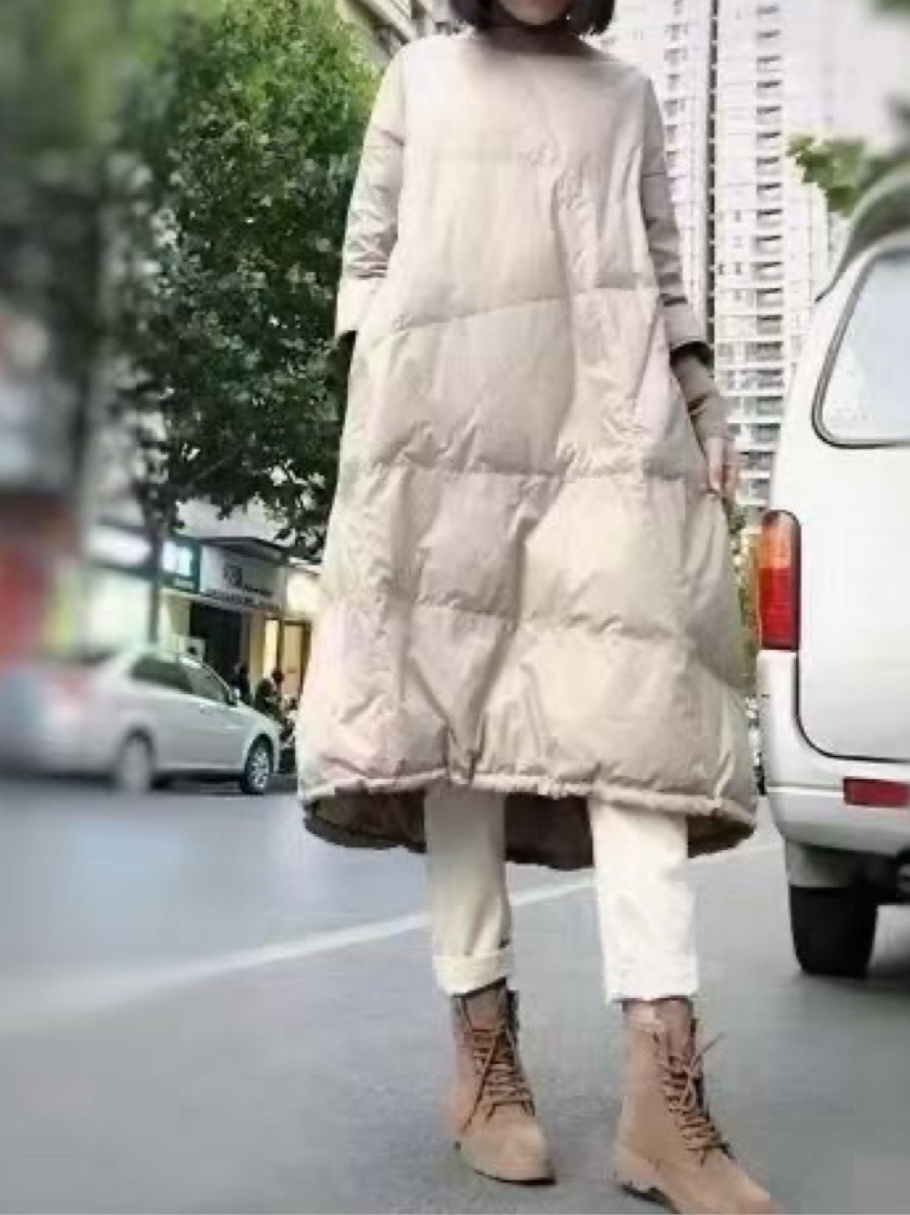 三公主自留中长款羽绒裙羽绒服连衣裙七分袖纯色圆领套头羽绒服