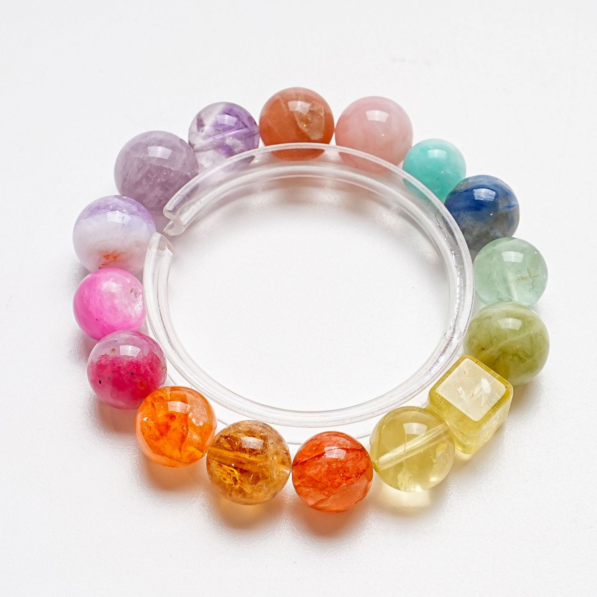 天然玻利维亚水晶手串女款拉丝免毛绿萤石蓝晶石粉云母葡萄石