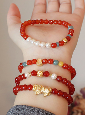 新款切割面天然红玛瑙贝珠貔貅手链手饰复古中国风饰品