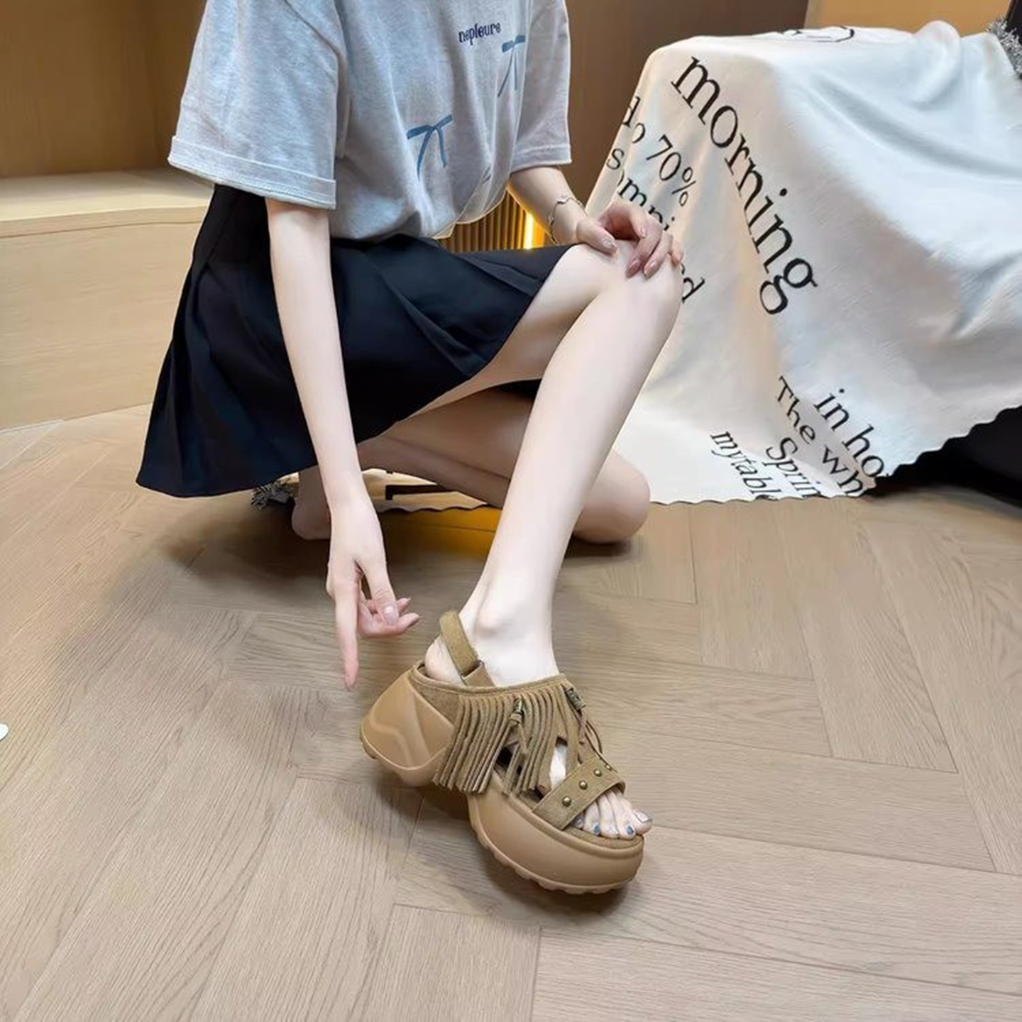 小个子增高松糕厚底凉鞋女夏外穿2025新款百搭防滑透气流苏凉鞋子