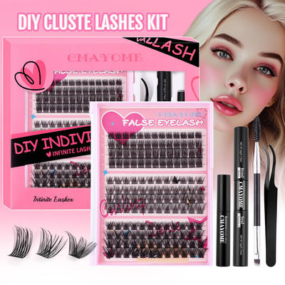 False eyelash extension set with 148 clusters and adhesive