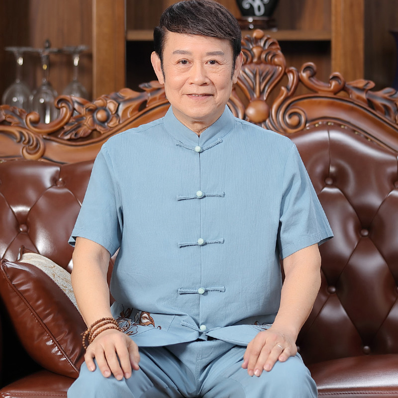 唐装男短袖亚麻套装中老年人立领汉服中式半袖居士服大码爸爸夏装