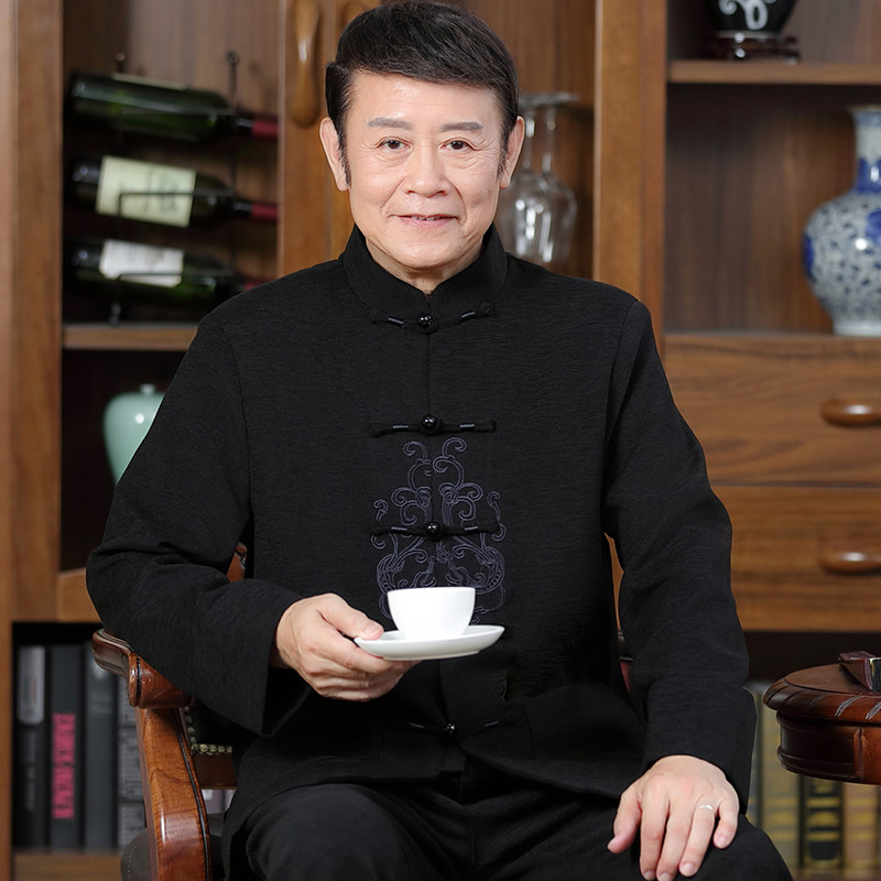 中老年唐装男长袖亚麻套装中式棉麻汉服秋冬季爸爸装中国风居士服