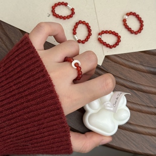 红玛瑙【枫亭晚】925纯银戒指新款显白新年转运指环串珠女指圈