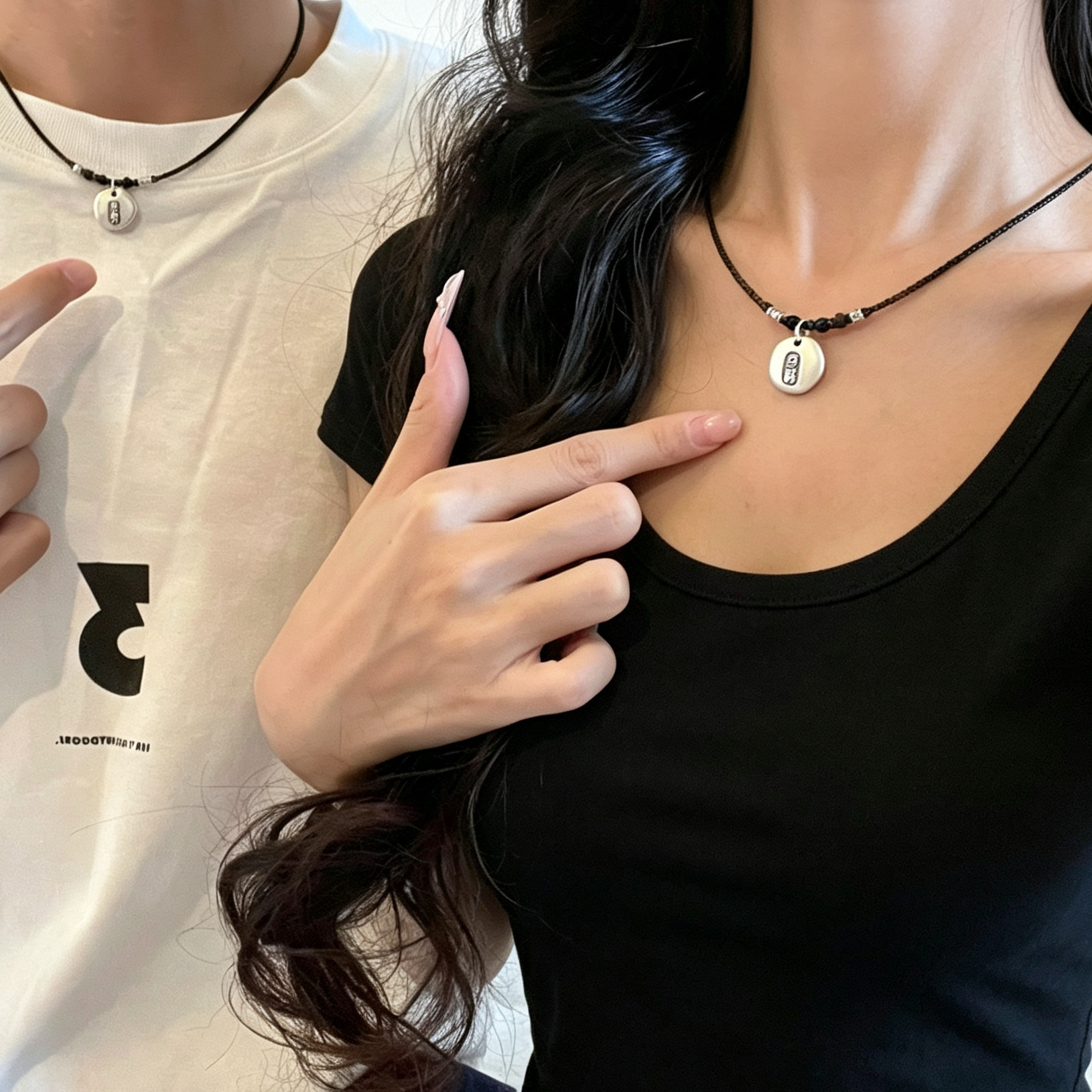 999足银【平安百福】情侣串珠项链黑色中性锁骨链男女友恋爱礼物