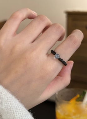 天然黑曜石海蓝宝戒指串珠指圈