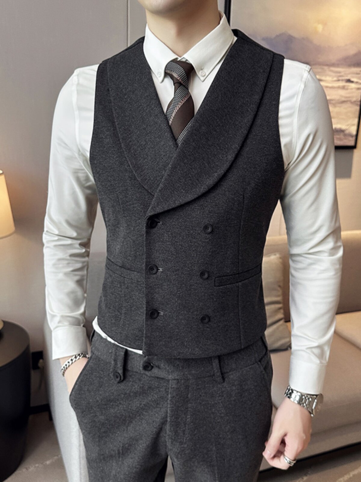 새로운 스타일의 남성용 모직 정장 한국판 슬림핏 캐주얼하고 따뜻하며 두꺼운 남성용 더블 브레스트 모직 정장 재킷